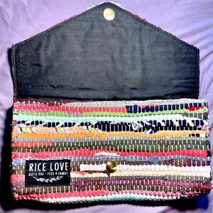 New Rice Love Clutch Bag Unique Woven Upcycled Burlap Rice Bag Multi Striped